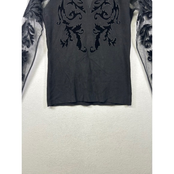 INC International Concepts Black Mock Neck Mesh Velvet Burnout Long Sleeve Top M - Picture 5 of 8